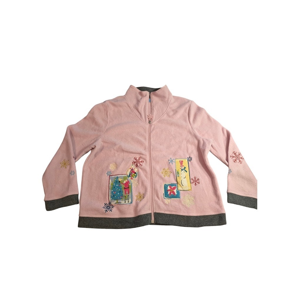 Onque Casuals Fleece Zip Up Jacket L‎ Pink Gray Christmas Holiday Applique